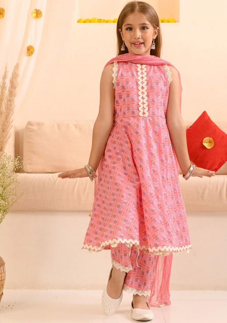 Pink Printed Poly Blend Salwar Kameez With Dupatta For Girls