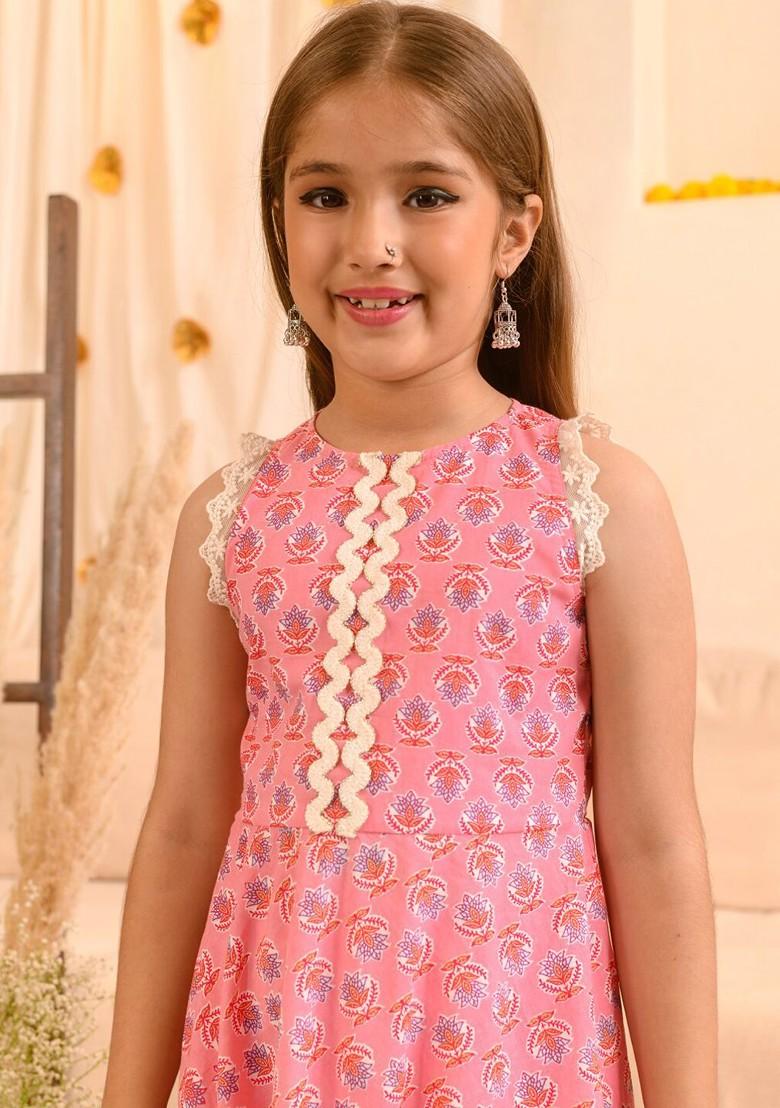 Pink Printed Poly Blend Salwar Kameez With Dupatta For Girls