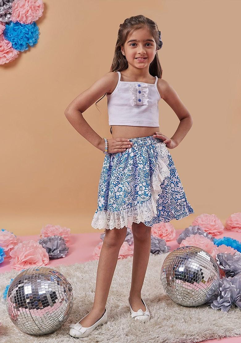 Blue Printed Poly Blend Co Ord Set For Girlss