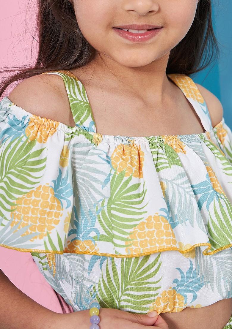 White Printed Poly Blend Co Ord Set For Girlss