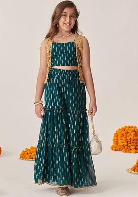 Teal Blue Printed Poly Blend Sharara Set For Girls