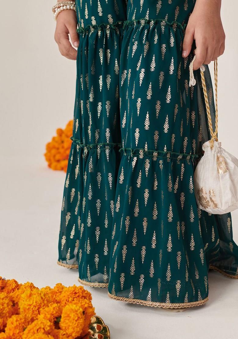 Teal Blue Printed Poly Blend Sharara Set With Dupatta For Girls