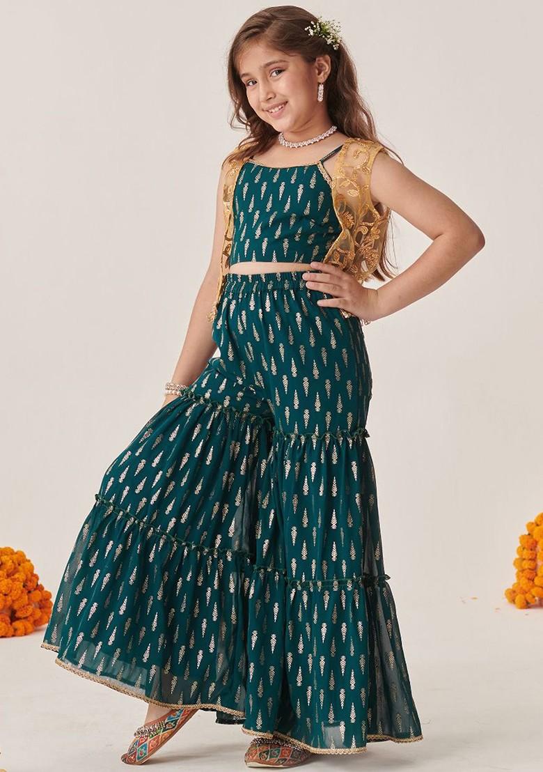 Teal Blue Printed Poly Blend Sharara Set With Dupatta For Girls