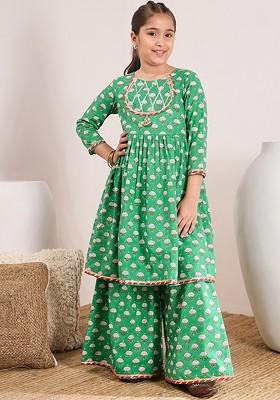 Green Printed Poly Blend Sharara Set With Dupatta For Girls