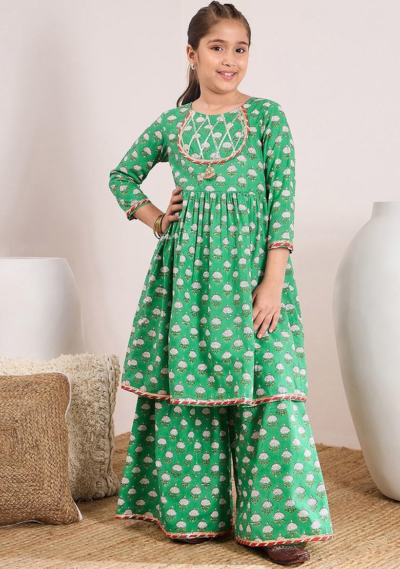 Green Printed Poly Blend Sharara Set With Dupatta For Girls