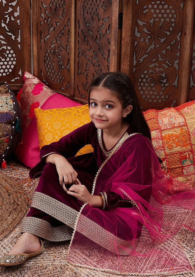 Burgundy Embroidered Poly Blend Salwar Kameez With Dupatta For Girls