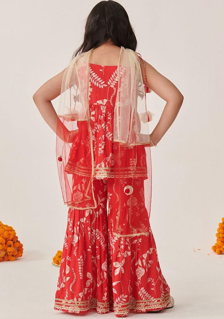 Red Printed Poly Blend Sharara Set With Dupatta For Girls