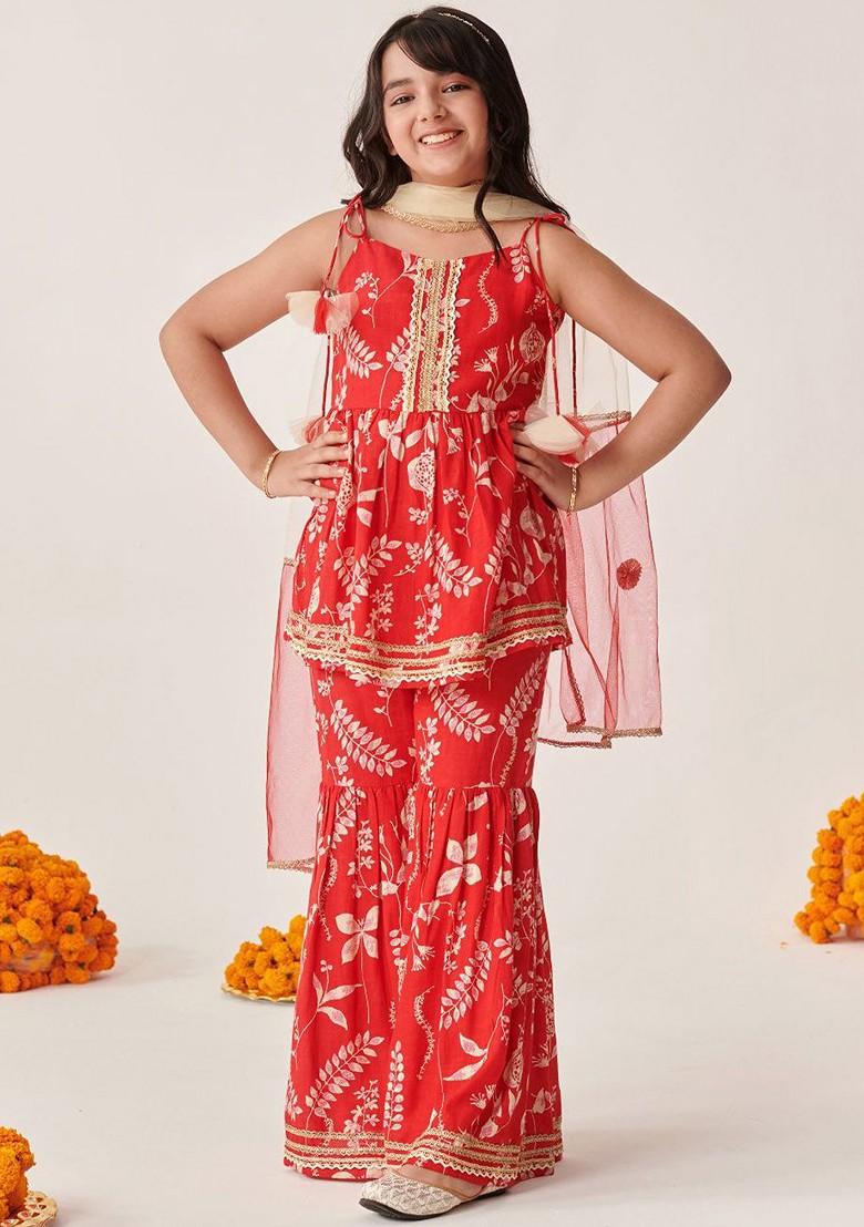 Red Printed Poly Blend Sharara Set With Dupatta For Girls