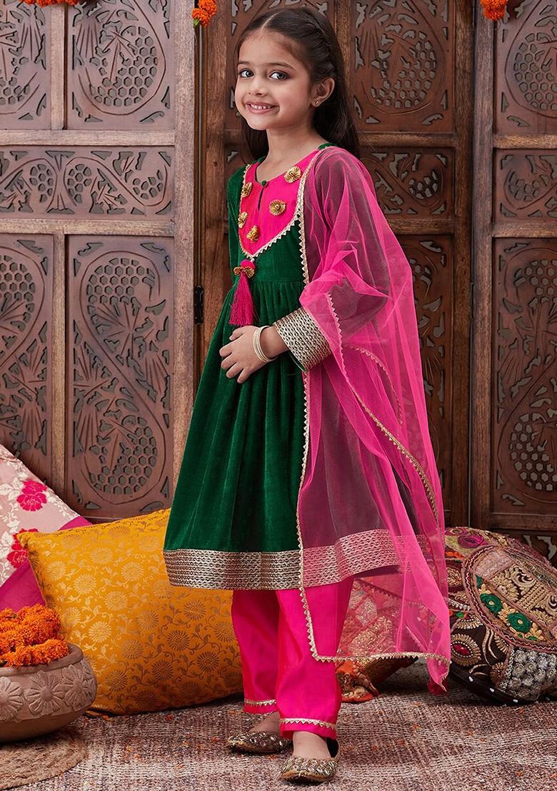 Green Embroidered Poly Blend Salwar Kameez With Dupatta For Girls