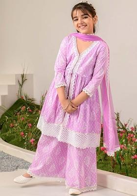 Purple Printed Poly Blend Palazzo Set With Dupatta For Girls