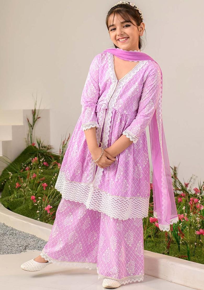 Purple Printed Poly Blend Palazzo Set With Dupatta For Girls