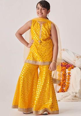 Yellow Printed Poly Blend Salwar Kameez With Dupatta For Girls