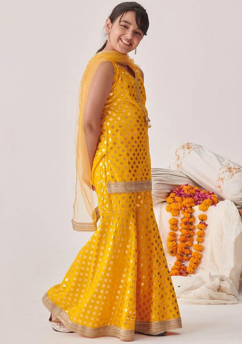 Yellow Printed Poly Blend Salwar Kameez With Dupatta For Girls