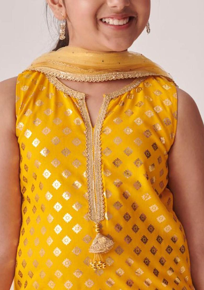 Yellow Printed Poly Blend Salwar Kameez With Dupatta For Girls