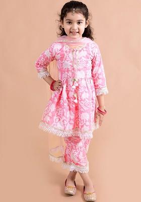Pink Printed Poly Blend Salwar Kameez With Dupatta For Girls