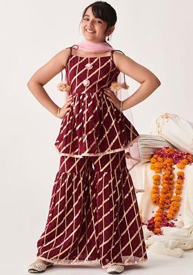 Burgundy Embroidered Poly Blend Salwar Kameez With Dupatta For Girls