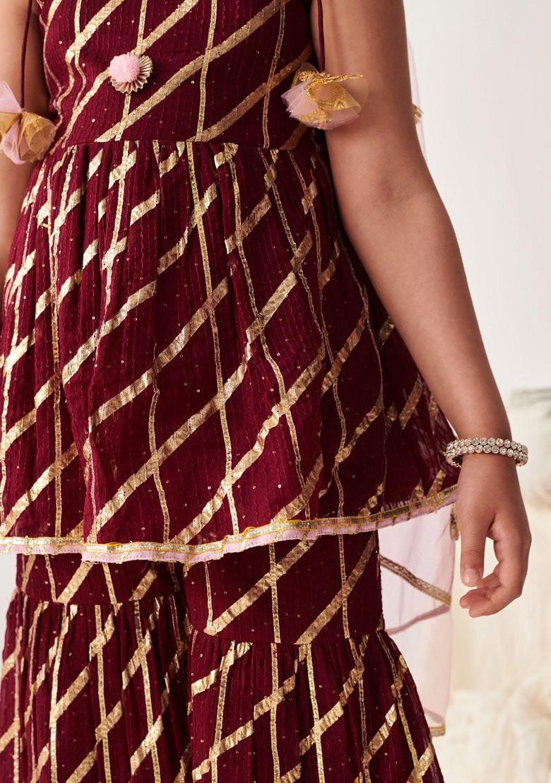 Burgundy Embroidered Poly Blend Salwar Kameez With Dupatta For Girls