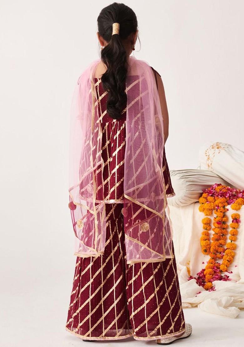 Burgundy Embroidered Poly Blend Salwar Kameez With Dupatta For Girls