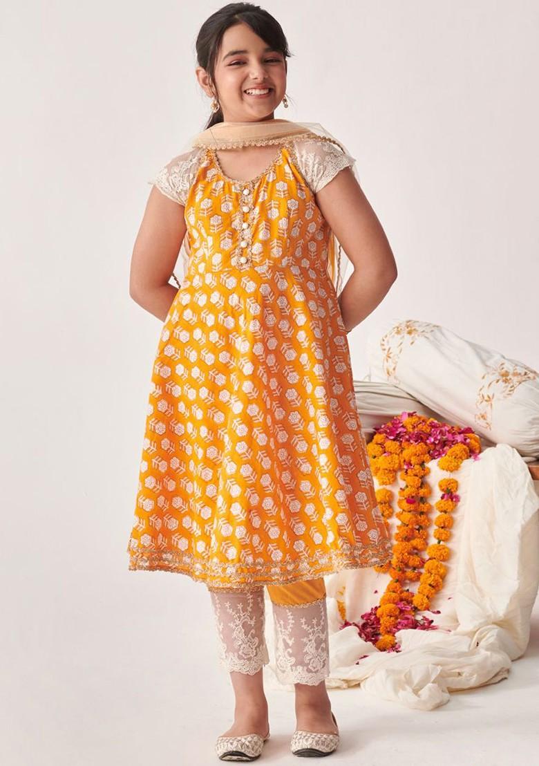 Orange Printed Poly Blend Salwar Kameez With Dupatta For Girls