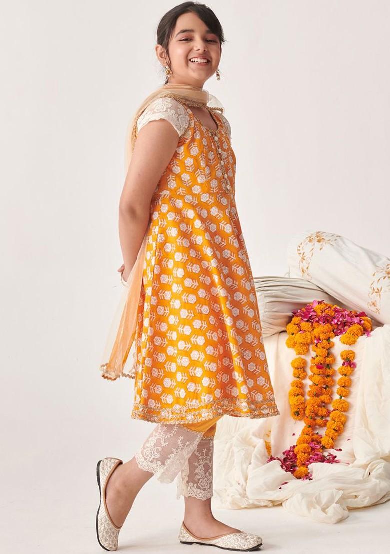Orange Printed Poly Blend Salwar Kameez With Dupatta For Girls