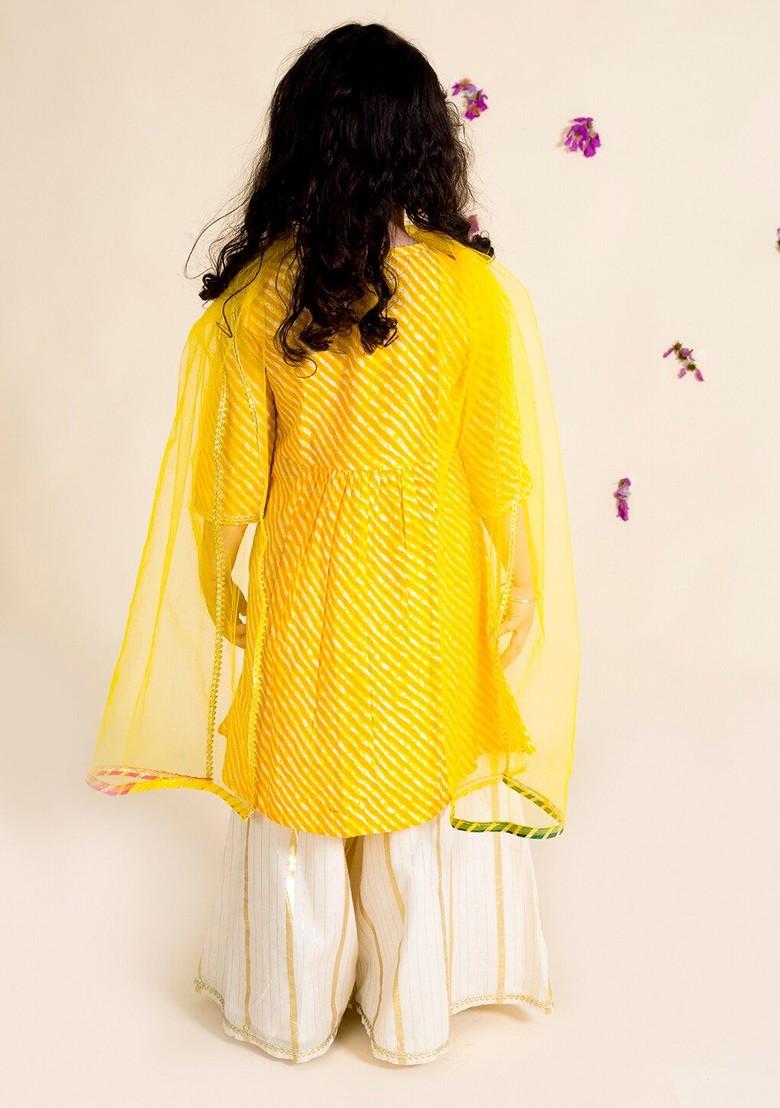 Yellow Embroidered Poly Blend Palazzo Set With Dupatta For Girls