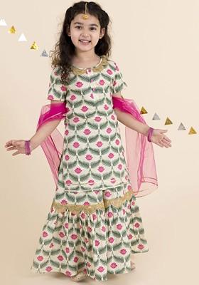 Green Printed Poly Blend Sharara Set With Dupatta For Girls