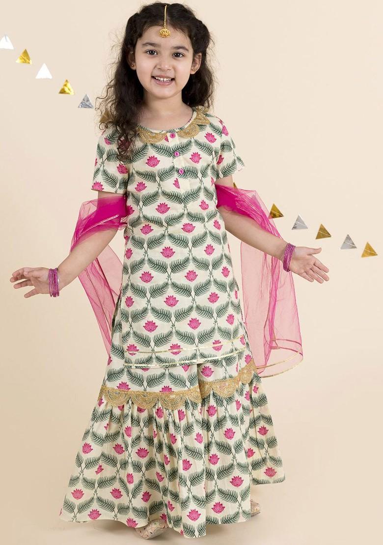 Green Printed Poly Blend Sharara Set With Dupatta For Girls