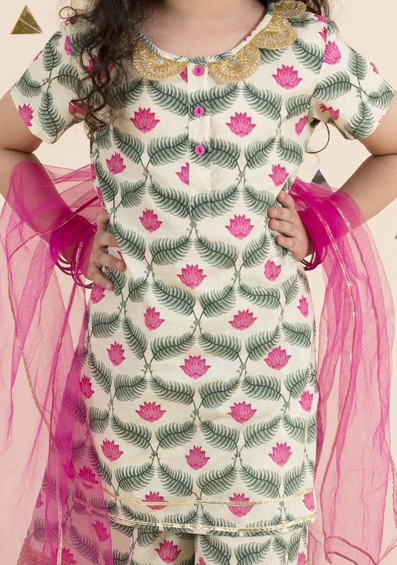 Green Printed Poly Blend Sharara Set With Dupatta For Girls