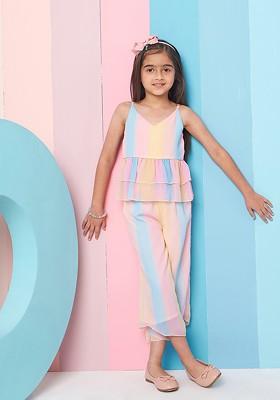 Blue Embroidered Poly Blend Co Ord Set For Girlss