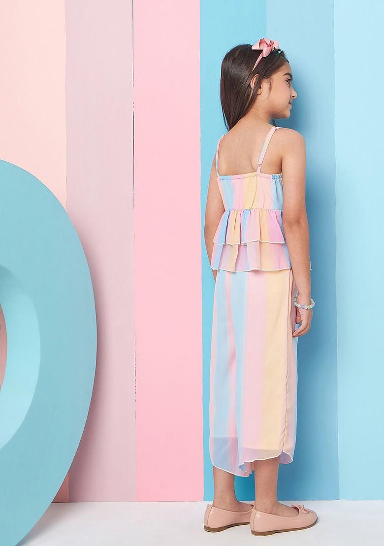 Blue Embroidered Poly Blend Co Ord Set For Girlss