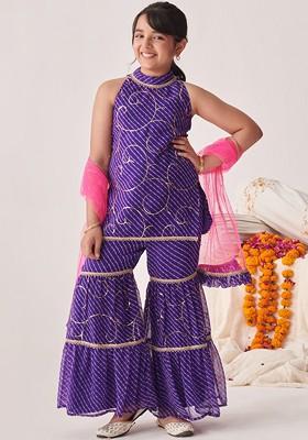 Purple Printed Poly Blend Sharara Set With Dupatta For Girls