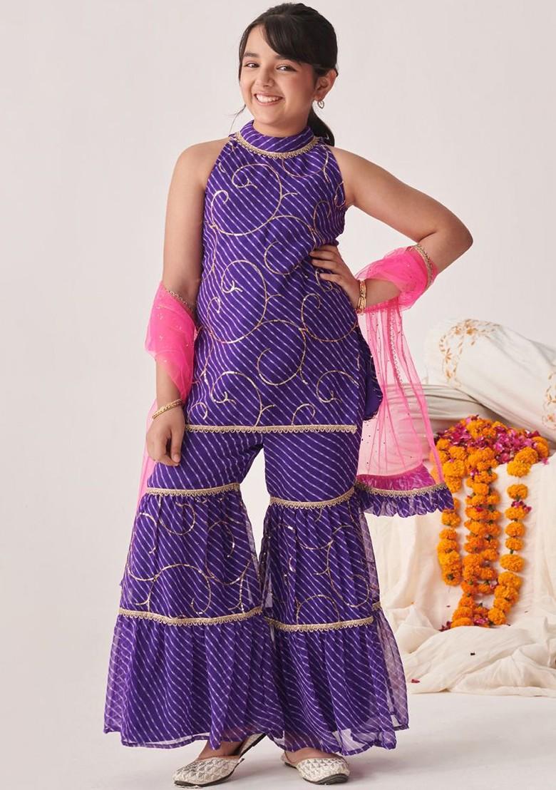 Purple Printed Poly Blend Sharara Set With Dupatta For Girls