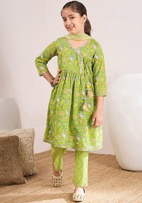 Green Printed Poly Blend Salwar Kameez With Dupatta For Girls