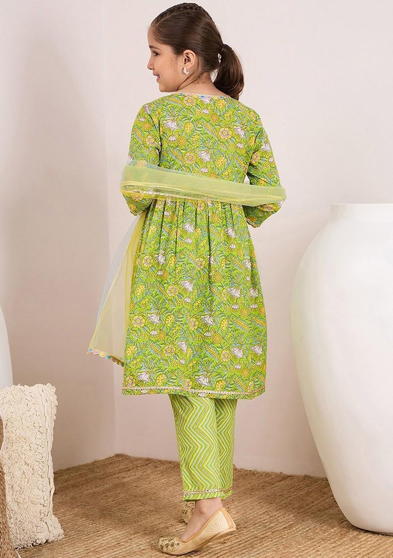 Green Printed Poly Blend Salwar Kameez With Dupatta For Girls
