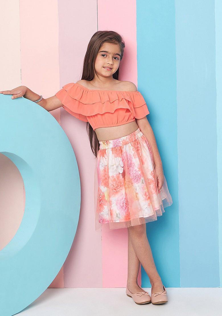 Orange Printed Poly Blend Co Ord Set For Girlss