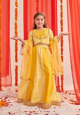 Yellow Printed Poly Blend Lehenga Set With Dupatta For Girls