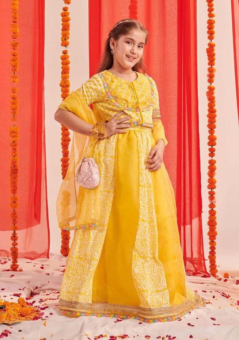 Yellow Printed Poly Blend Lehenga Set With Dupatta For Girls