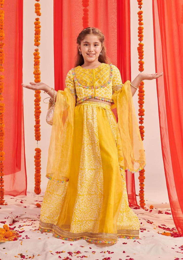 Yellow Printed Poly Blend Lehenga Set With Dupatta For Girls