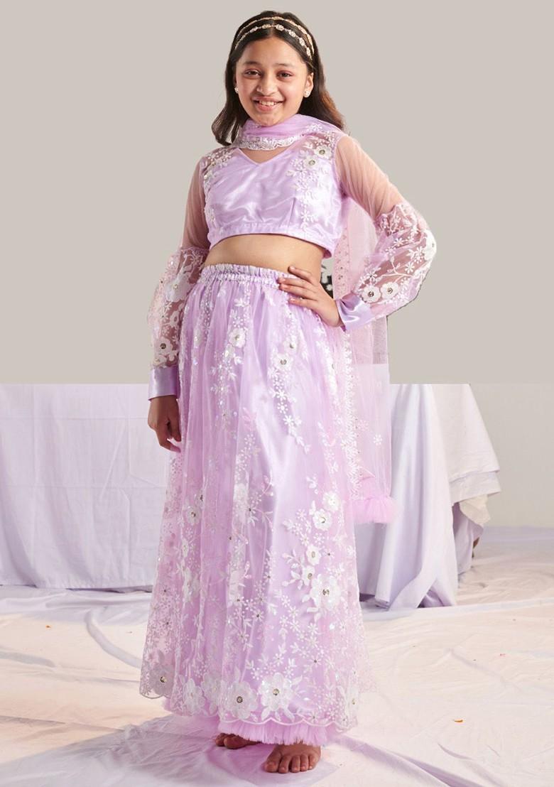 Purple Embroidered Poly Blend Lehenga Set With Dupatta For Girls