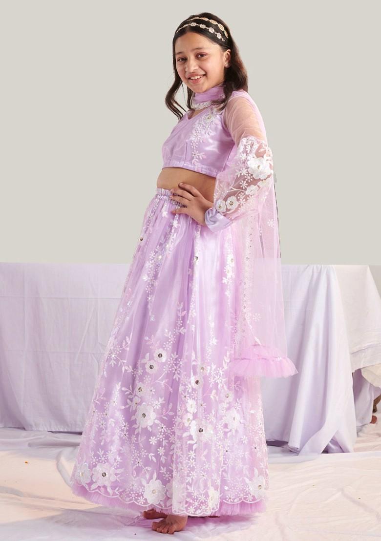 Purple Embroidered Poly Blend Lehenga Set With Dupatta For Girls