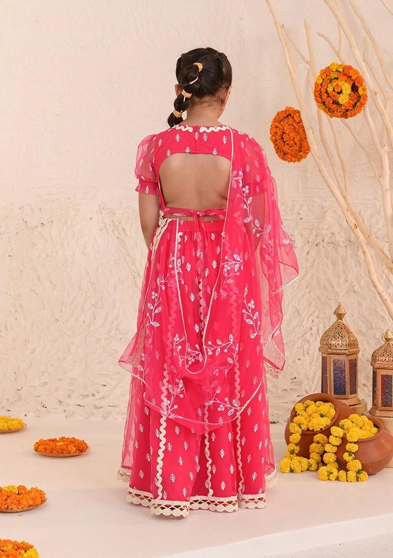 Pink Embroidered Poly Blend Lehenga Set With Dupatta For Girls