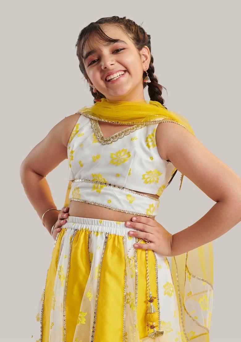 Yellow Printed Poly Blend Lehenga Set With Dupatta For Girls