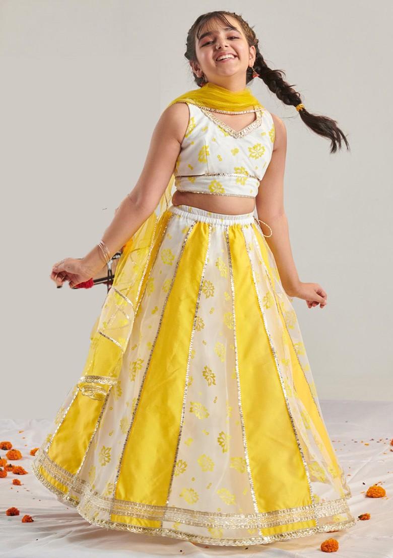 Yellow Printed Poly Blend Lehenga Set With Dupatta For Girls