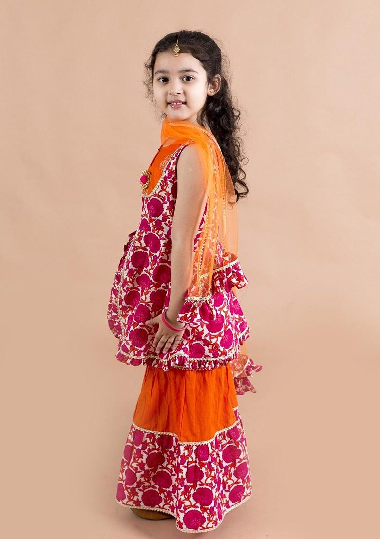 Magenta Printed Poly Blend Sharara Set With Dupatta For Girls