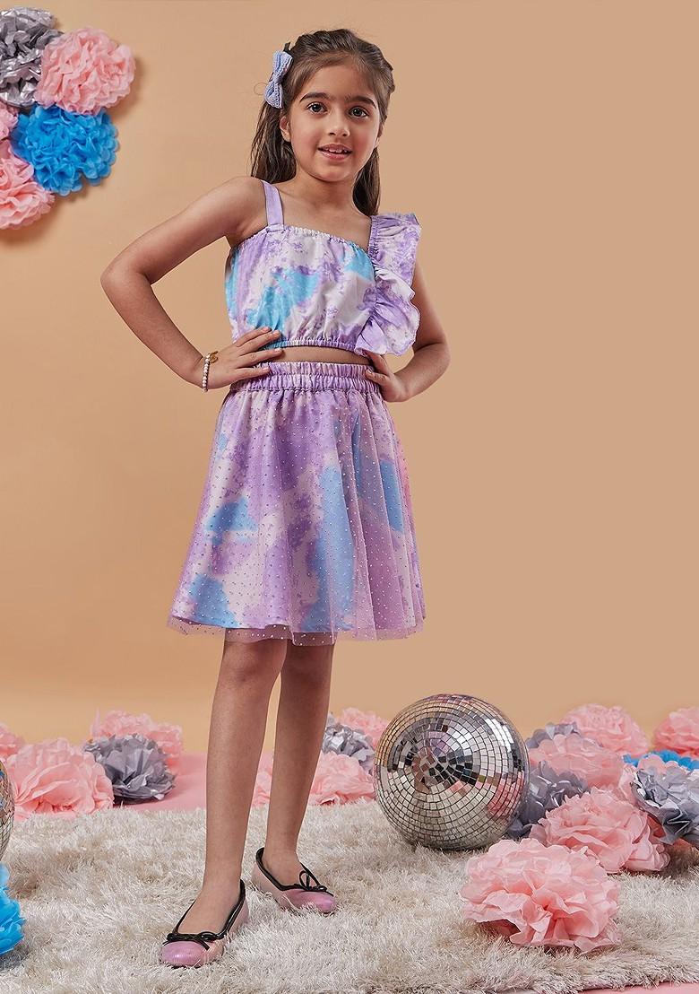 Blue Printed Poly Blend Co Ord Set For Girlss