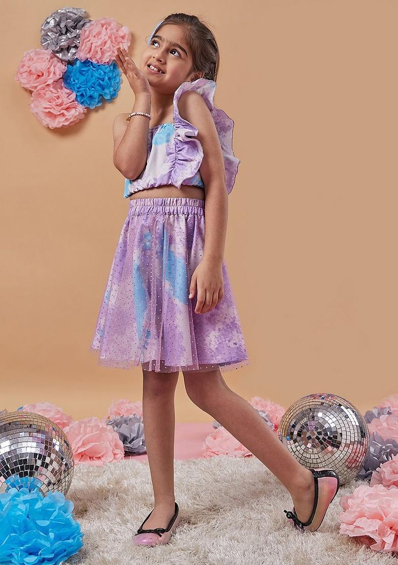 Blue Printed Poly Blend Co Ord Set For Girlss