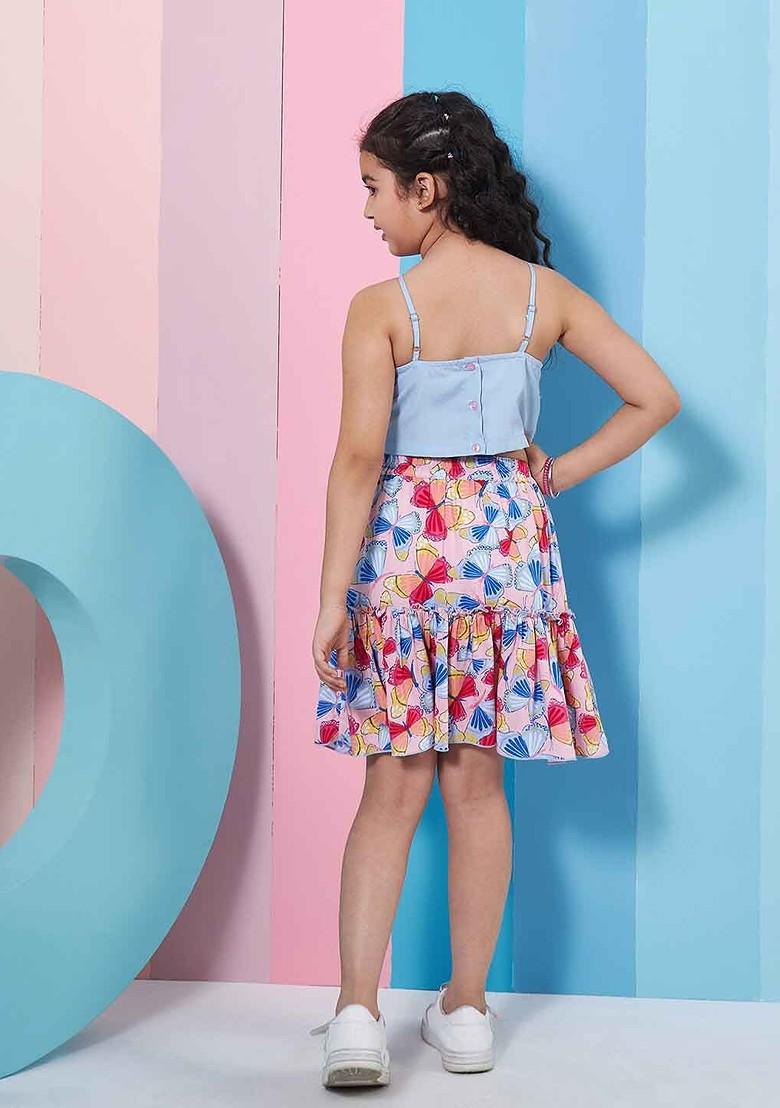 Blue Printed Poly Blend Co Ord Set For Girlss