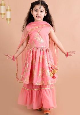Peach Printed Poly Blend Sharara Set With Dupatta For Girls