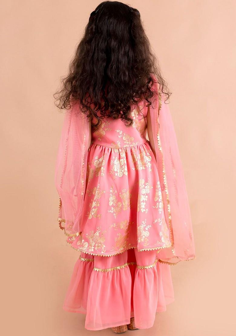 Peach Printed Poly Blend Sharara Set With Dupatta For Girls