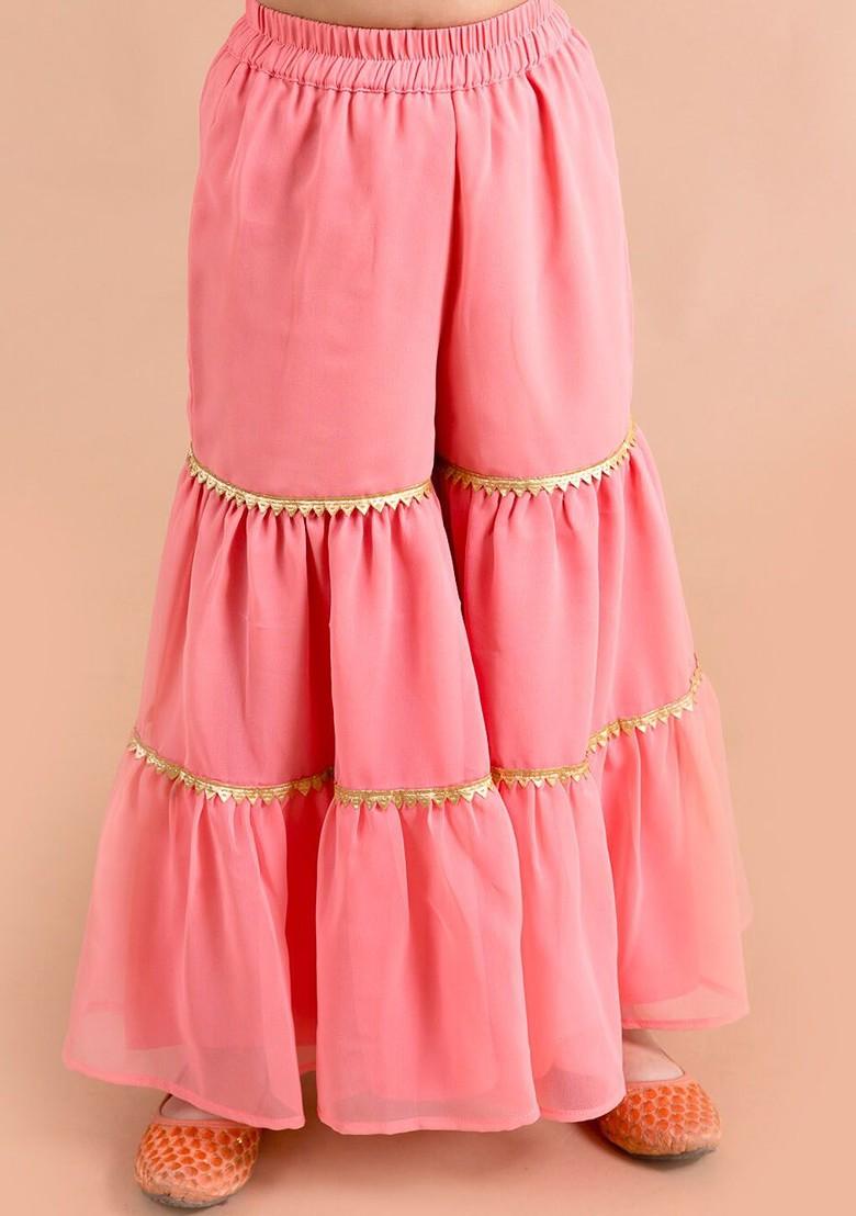 Peach Printed Poly Blend Sharara Set With Dupatta For Girls